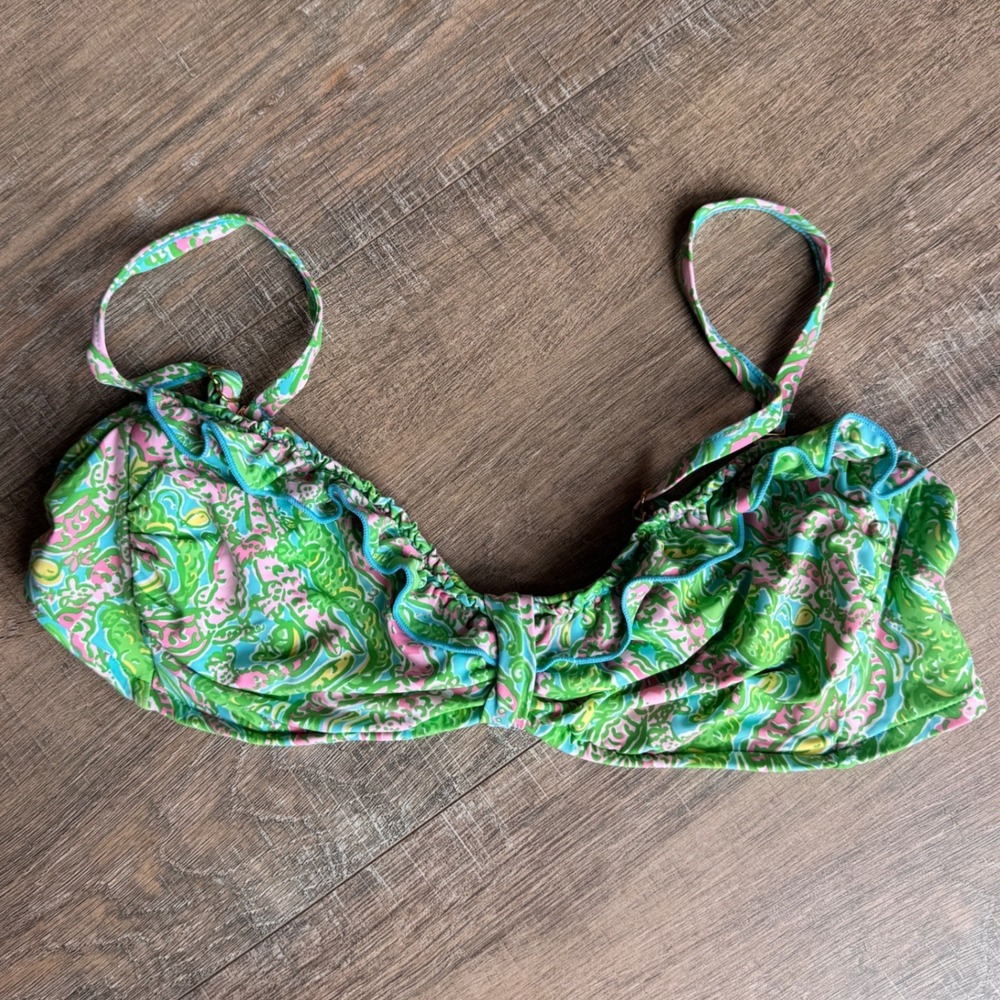 Lilly Pulitzer Pink Green Chomp Chomp Ruffle Bandeau Bikini Top Medium